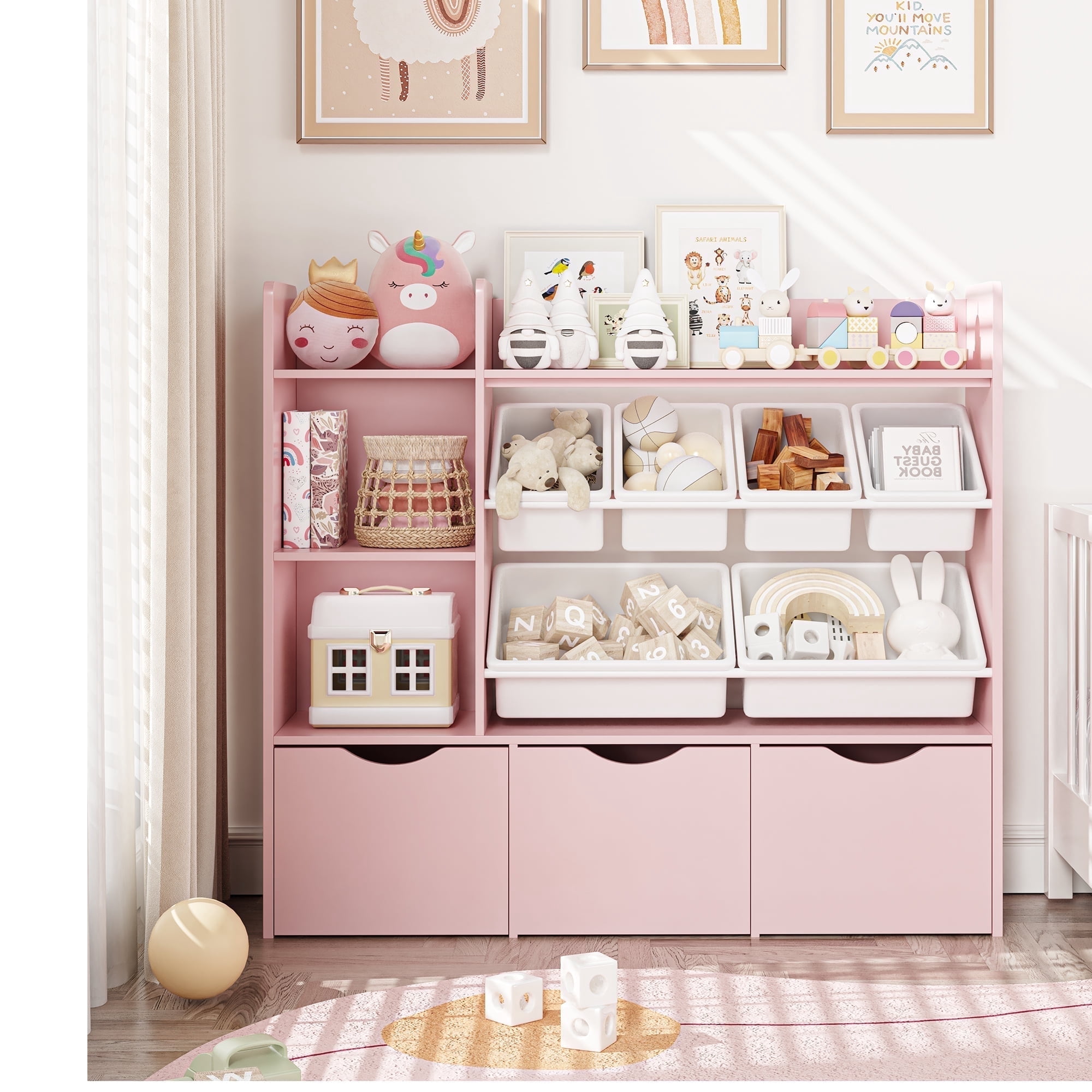 Homfa Kids Bookcase with 6 Storage Bins, Multi-Purpose Toy Organizers Bookshelf with 3 Drawers for Bedroom Playroom, Pink