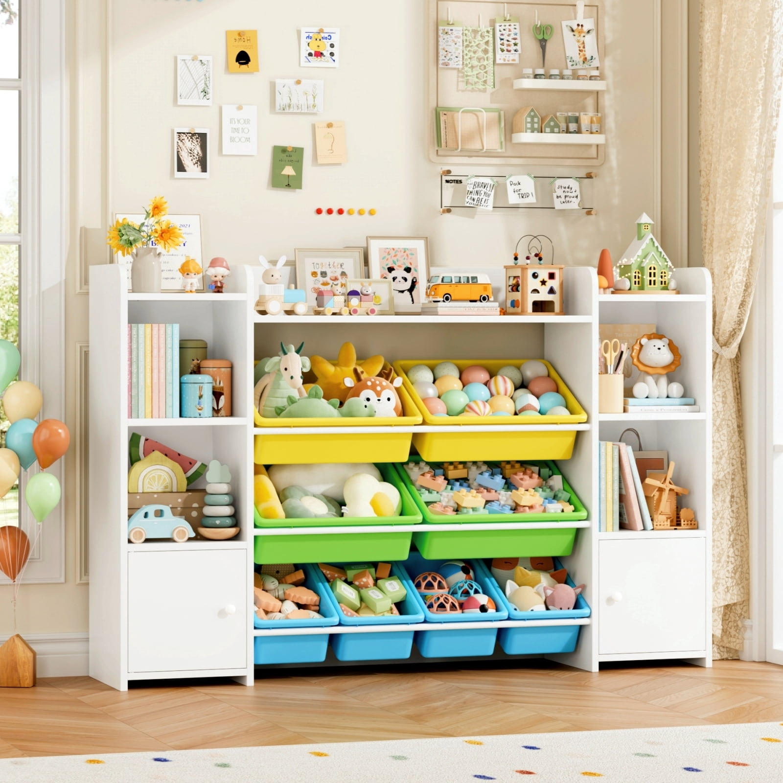 Homfa Kids Bookcase with 9 Colorful Bins and 2 Doors, White Toy