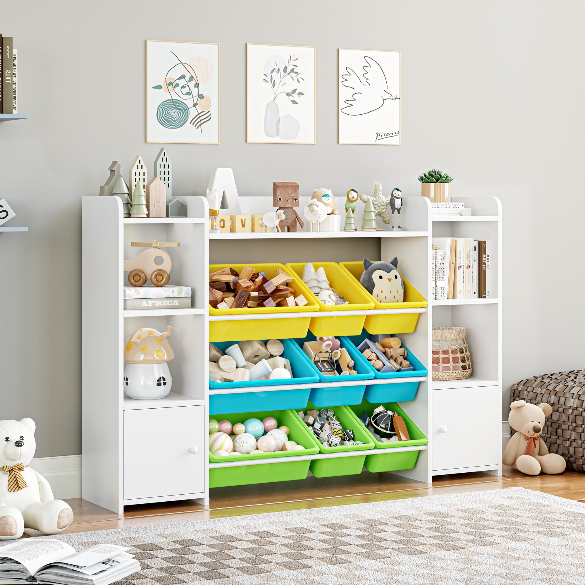 Homfa Kids Bookcase with 9 Bins, White Toy Cubby Storage Organizer ...