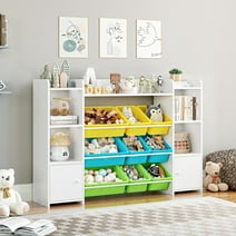 Homfa Kids Bookcase with 9 Bins, White Toy Cubby Storage Organizer Bookshelf with 2 Door for Kids Room Playroom Organization