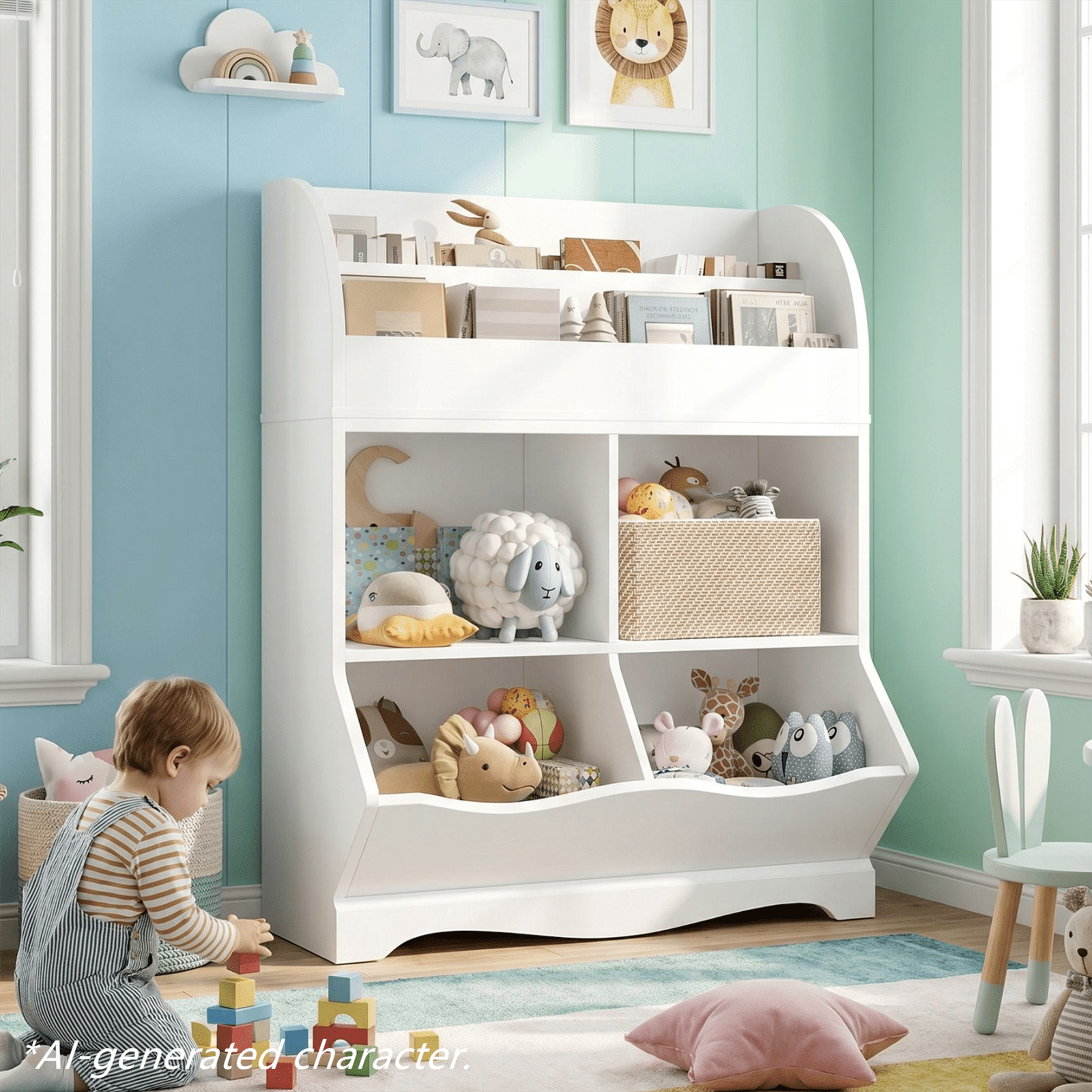 Homfa Kids Toy Storage Organizer, White Bookcase with Toy Box, Toy Chest Storage Cubbies with Bins for Nursery Playroom Bedroom