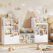 Homfa Kids Bookcase with Reading Nook, 75" W Kids Toy Storage Organizer with 2 Drawers, Kid Bench for Playroom Kids Room Living Room, White