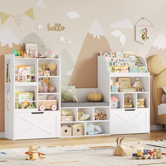 Homfa Kids Bookcase with Reading Nook, 75" W Kids Toy Storage Organizer with 2 Drawers, Kid Bench for Playroom Kids Room Living Room, White