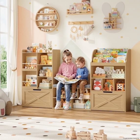 Homfa Kids Bookcase with Reading Nook, 75" W Kids Toy Storage Organizer with 2 Drawers, Kid Bench for Playroom Kids Room Living Room, Natural
