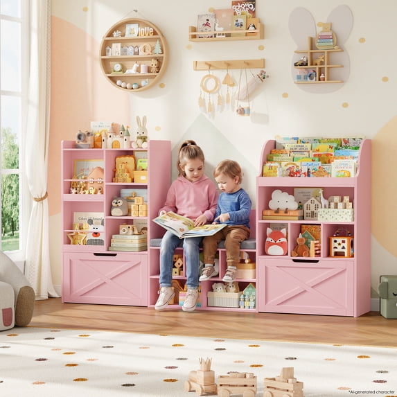 Homfa Kids Bookcase with Reading Nook, 75" W Kids Toy Storage Organizer with 2 Drawers, Kid Bench for Playroom Kids Room Living Room, Pink