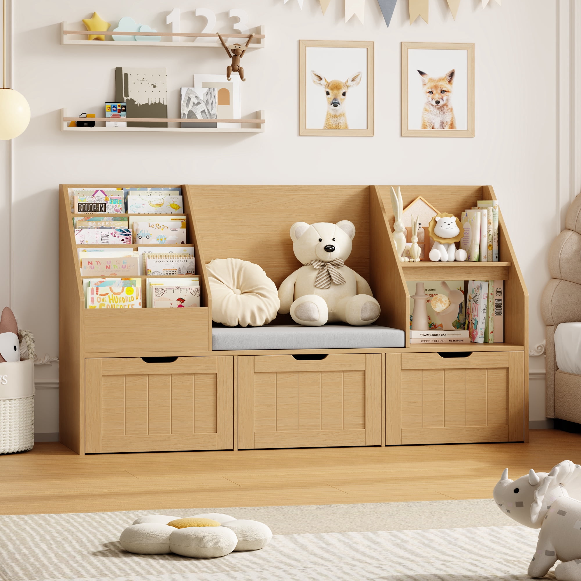 Homfa Kids Bookshelf with Reading Nook, 3 Movable Drawers, 2 Cube
