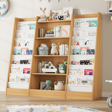 Homfa Kids Bookshelf and Toy Storage with Canvas Sling Sleeves, Modern Wood Display Bookshelf for Playroom Living Room Bedroom, Nature Wood