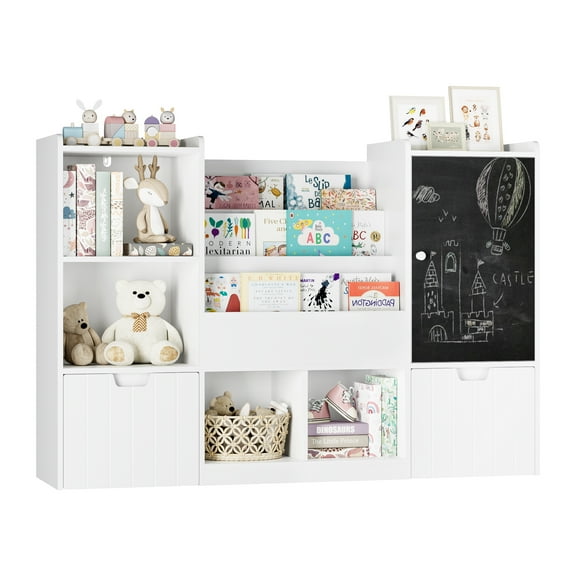 Homfa 55" W Kid Bookcase with Chalkboard, Toy Storage Organizer with Book Rack and Removable Drawers, Kid Bookshelf with Cube Storage for Bedroom Playroom, White