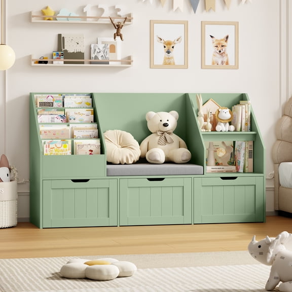 Homfa Kids Bookshelf with Reading Nook & 3 Movable Drawers, 2 Cube Bookcase with 4-Tier Book Racks, Toy Storage Organizer for Playroom Bedroom, Green