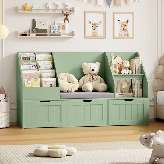Homfa Kids Bookshelf with Reading Nook & 3 Movable Drawers, 2 Cube Bookcase with 4-Tier Book Racks, Toy Storage Organizer for Playroom Bedroom, Green