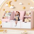 thumbnail image 1 of Homfa Kids Bookshelf with Reading Nook & 3 Movable Drawers, 2 Cube Bookcase with 4-Tier Book Racks, Toy Storage Organizer for Playroom Bedroom, Pink, 1 of 7