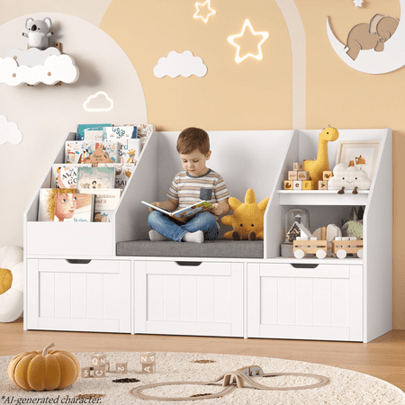Homfa Kids Bookshelf with Reading Nook & 3 Movable Drawers, 2 Cube Bookcase with 4-Tier Book Racks, Toy Storage Organizer for Playroom Bedroom, White