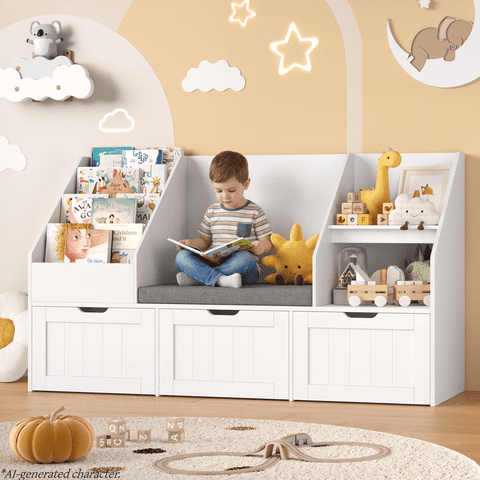 Homfa Kids Bookshelf with Reading Nook & 3 Movable Drawers, 2 Cube Bookcase with 4-Tier Book Racks, Toy Storage Organizer for Playroom Bedroom, White