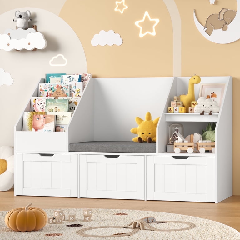 Homfa Kids Bookshelf with Reading Nook, 3 Movable Drawers, 2 Cube
