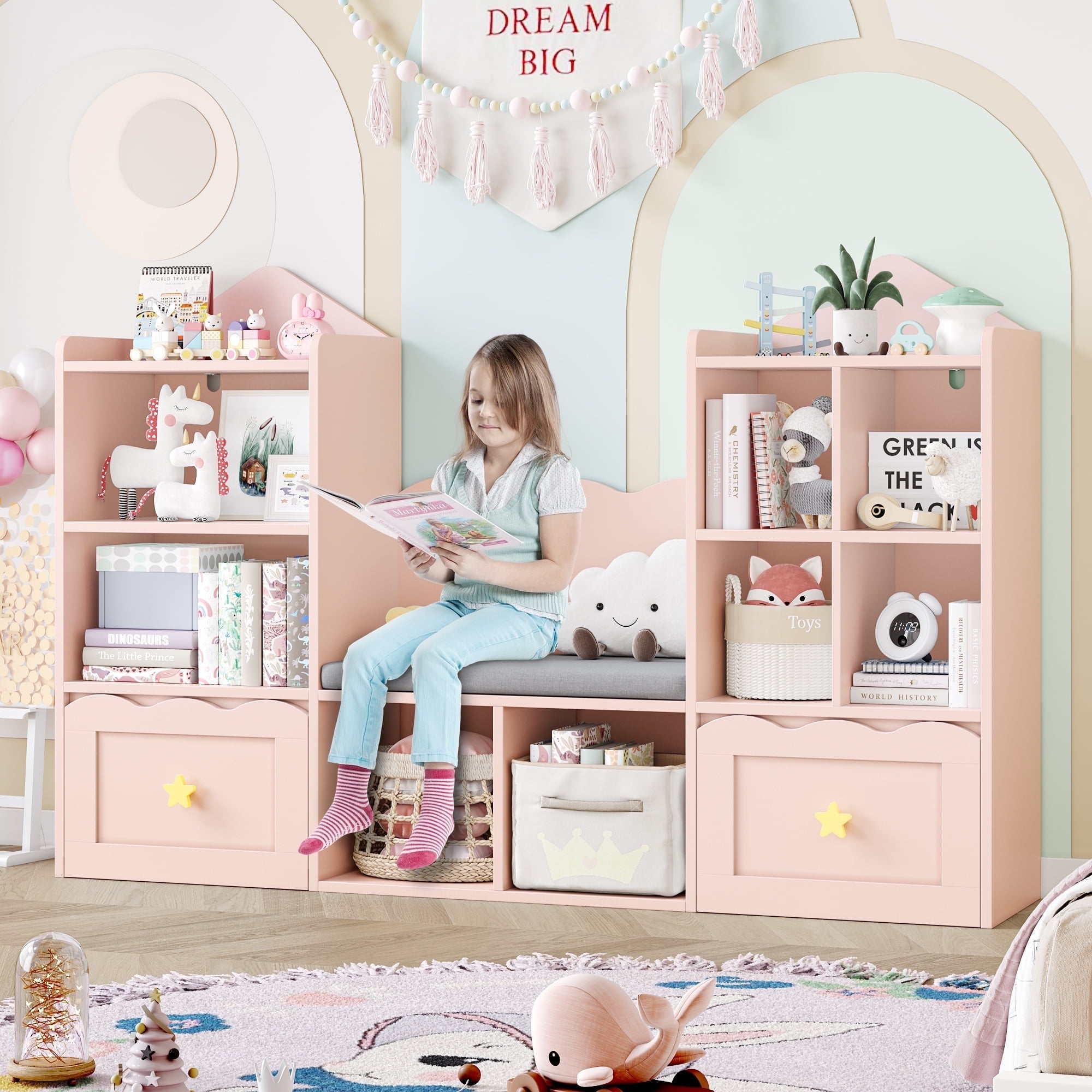 Homfa Kids Bookshelf with Reading Nook, Kids Toy Storage Cabinet