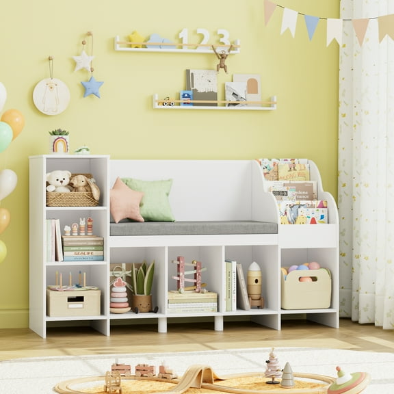 Homfa Kids Bookcase with Reading Nook, Wooden Kids Bookshelf and Storage Toy Cube Organization with Adjustable Shelf, 31.5'' H x 54.5'' W, White