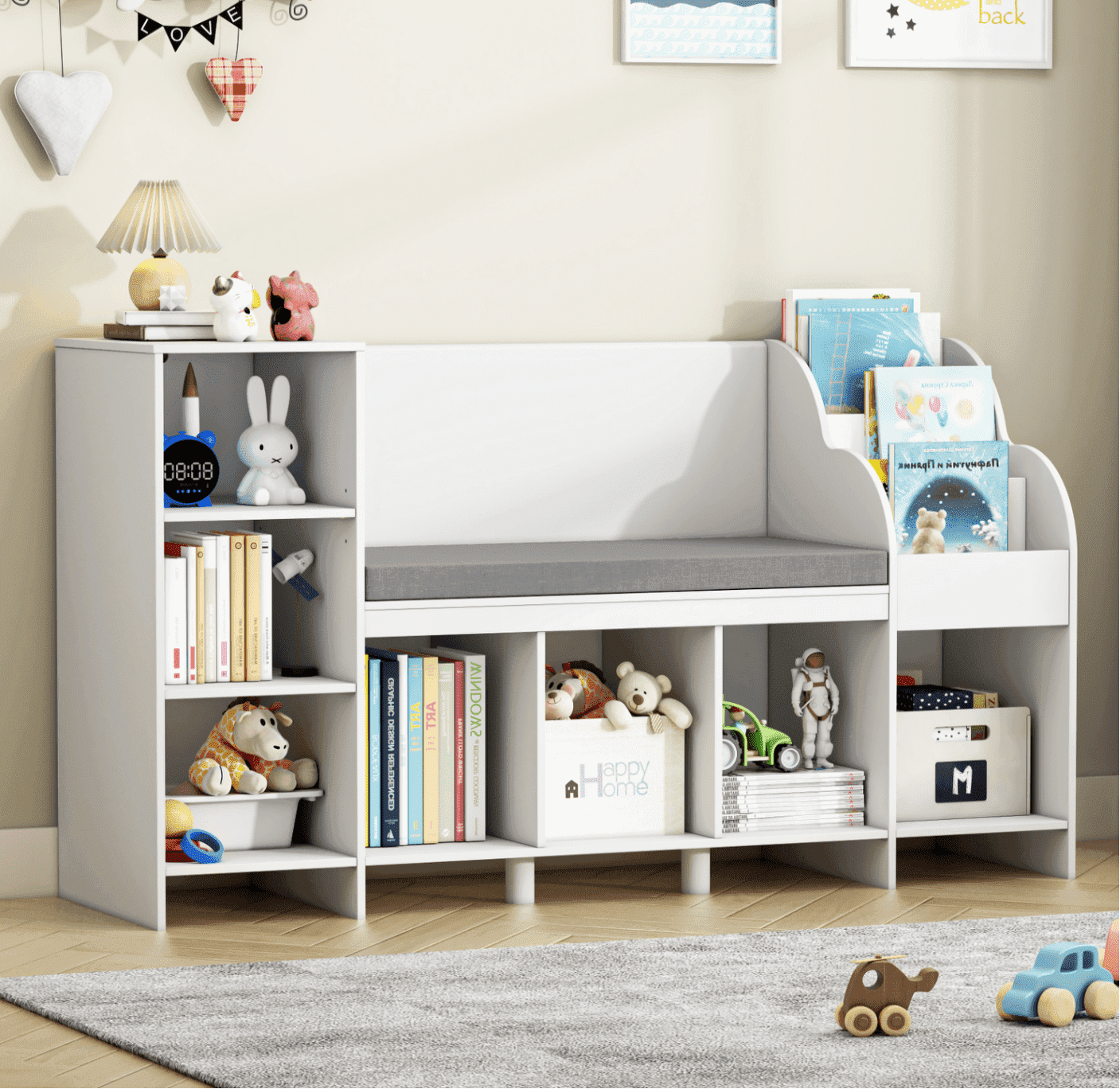 Homfa Kids Bookshelf with Reading Seat Nook 7 Cube Wooden Child Toy Organizer with Adjustable Shelf 31 5 H x 54 5 W White