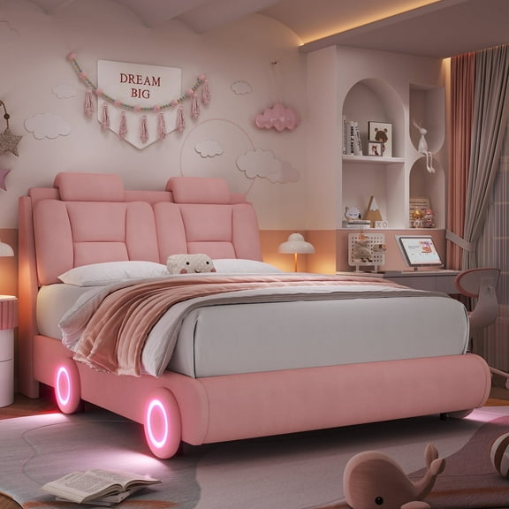 Homfa Full Size Car Bed Frame with LED Wheels, Velvet Upholstered Platform Bed with Adjustable Headboard and Removable Pillows, Pink