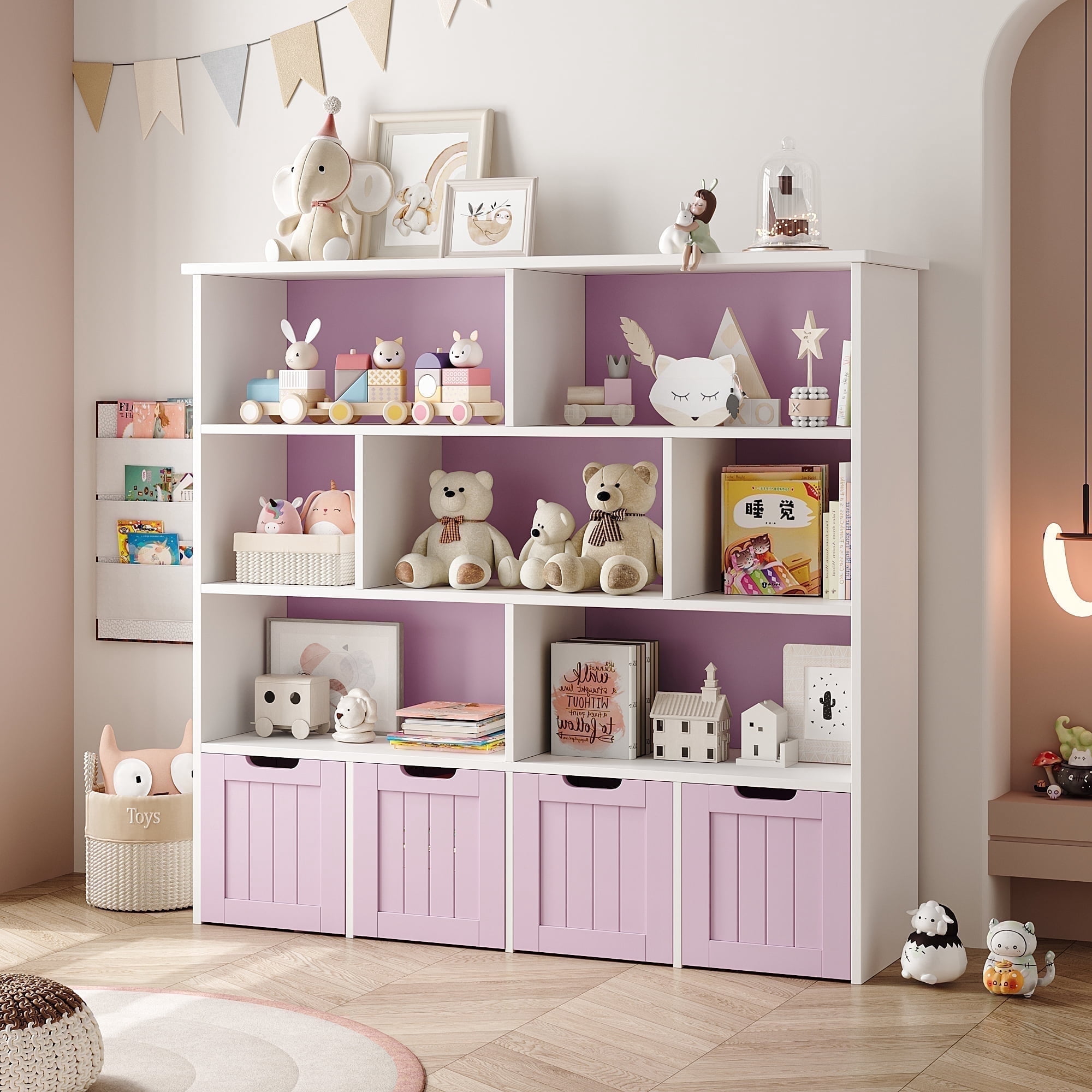 Homfa Geometric Bookcase with 4 Drawers Pink White Kids Storage