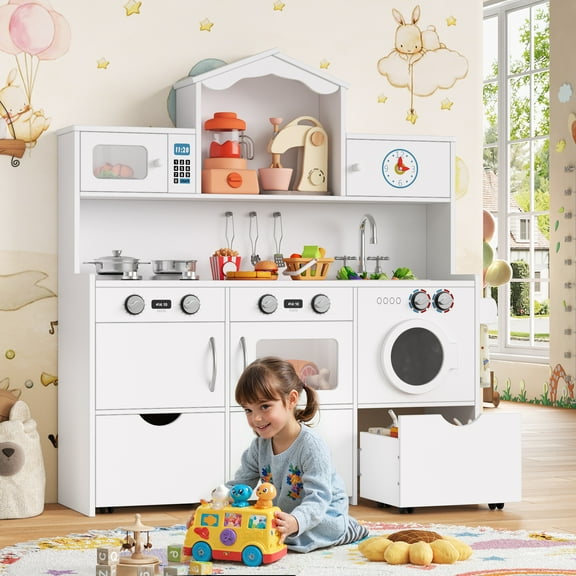 Homfa Kids Kitchen Playset, Wooden Little Chef Pretend Toy Kitchen with Sink, Stove, Microwave, Storage Cabinet, Play Kitchen for Children, Gift for Boys Girls 3-8, White