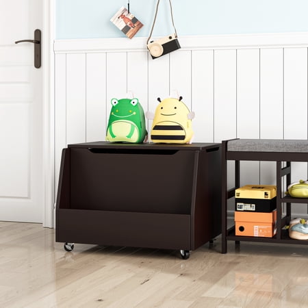 Homfa Kids Toy Box, Child Wood Toy Chest Storage Cabinet with 360-Degree Rotating Wheels, Brown