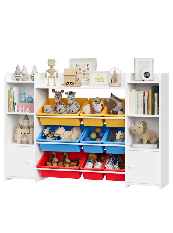 Homfa Kids Toy Cubby Bookcase with 9 Bins, White Storage Organizer Bookshelf with 2 Door for Children Room Playroom Organization