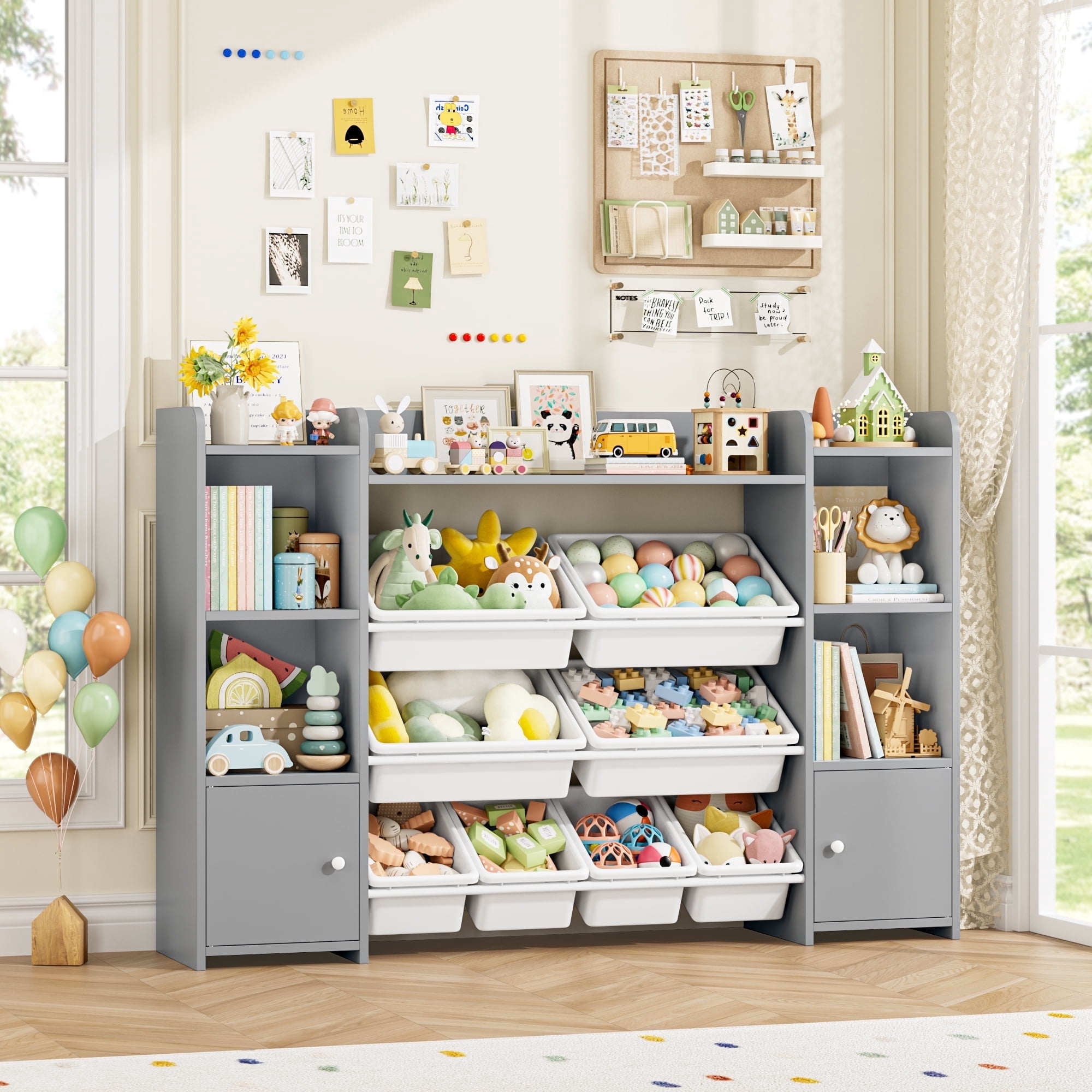Homfa Kids Toy Organization Cubby Bookcase with 8 Bin, 2 Door Gray Storage Organizer Bookshelf for Children Room Playroom