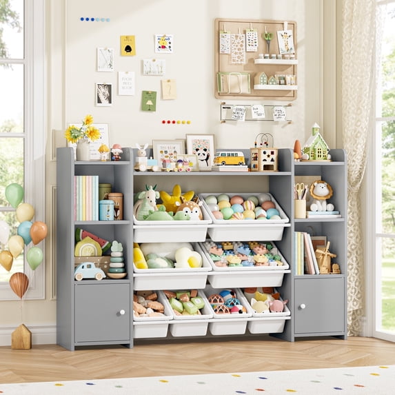 Homfa Kids Toy Organization Cubby Bookcase with 8 Bin, 2 Door Gray Storage Organizer Bookshelf for Children Room Playroom
