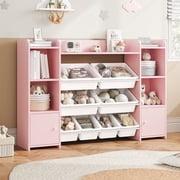 Homfa Kids Toy Storage Organizer Bookcase with 8 Bins, Pink Toy Storage Organizer Bookshelf with 2 Door for Children Playroom Organization