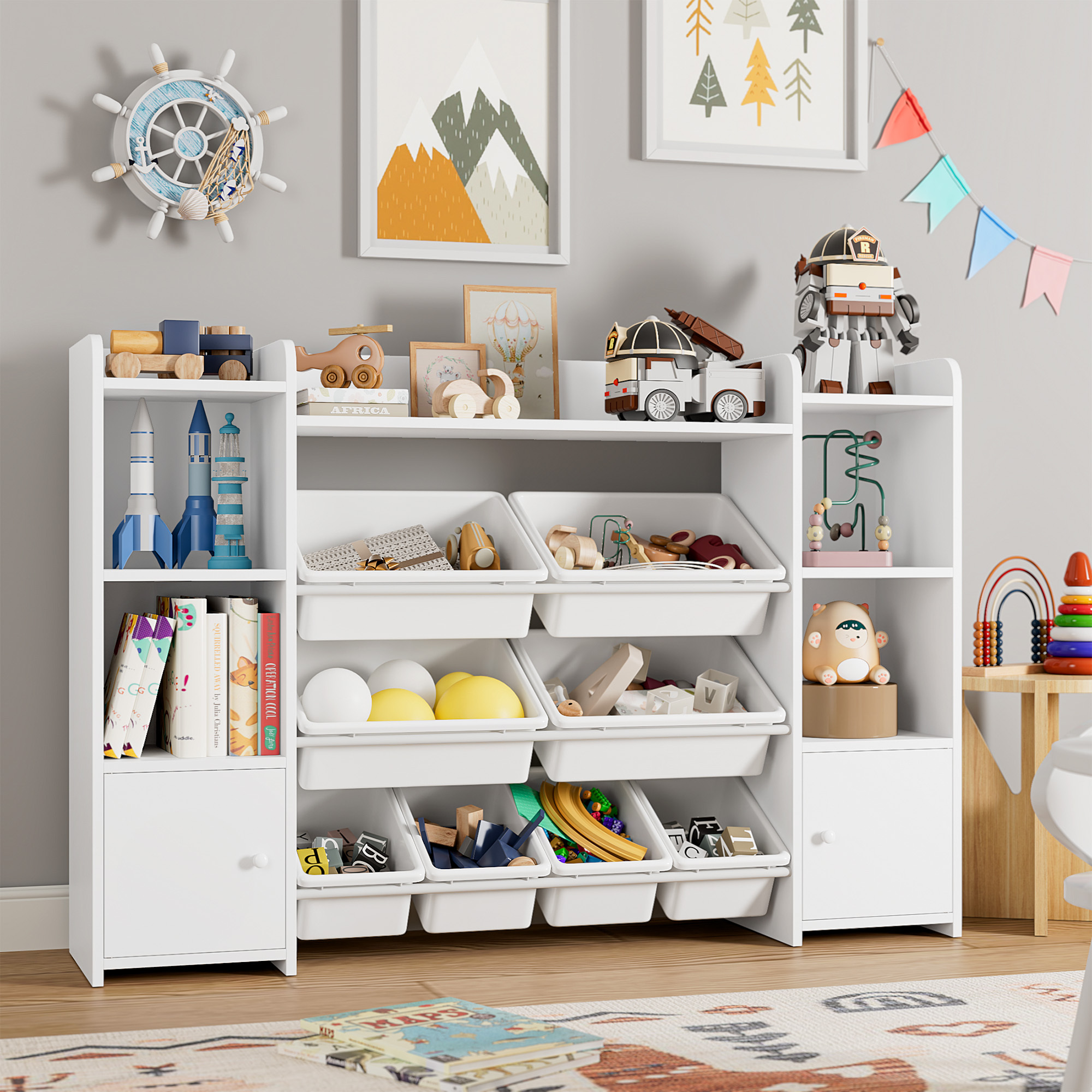 Homfa Kids Bookcase with 9 Bins, White Toy Cubby Storage Organizer