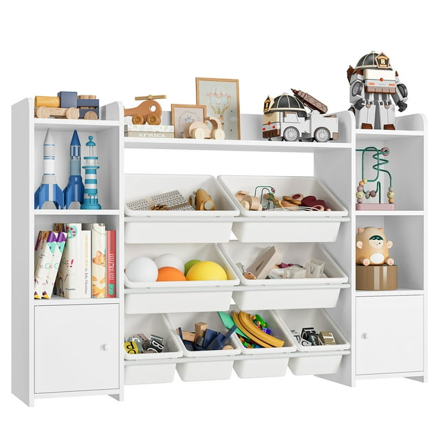 Homfa Kids Toy Organization Cubby Bookcase with 9 Bin, 2 Door White