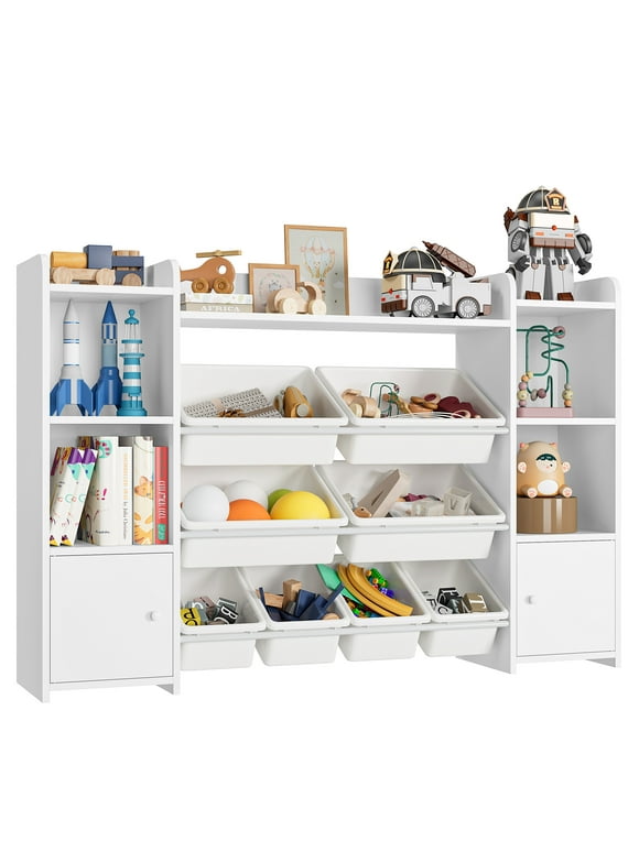 Homfa Kids Toy Organization Cubby Bookcase with 9 Bin, 2 Door White Storage Organizer Bookshelf for Children Room Playroom