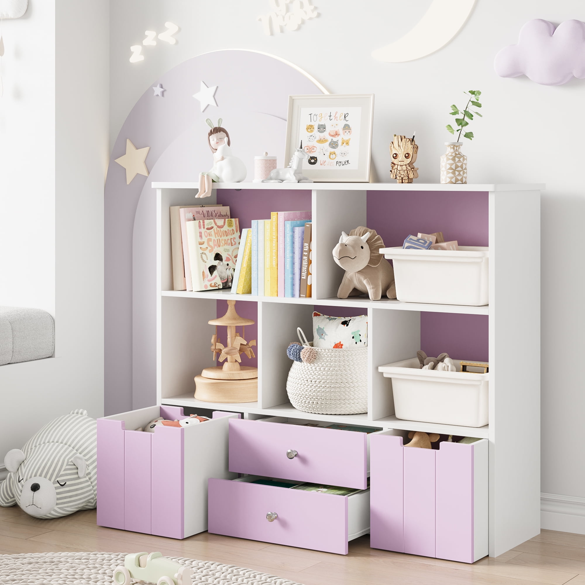 Homfa 4 Tier Kids Bookshelf, Wall Storage Bookshelf Organizer for Playroom  Kids Room, White Finish