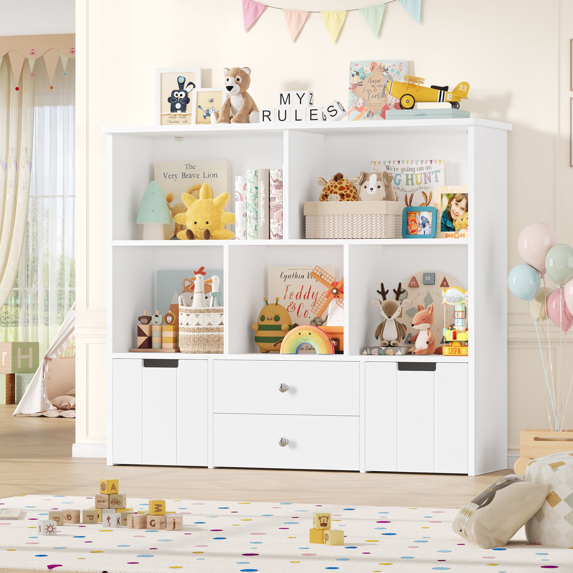 Homfa Kids Toy Storage Organizer, 5 Cubby Children Bookcase and Bookshelf with 4 Drawer on Wheels for Playroom, White