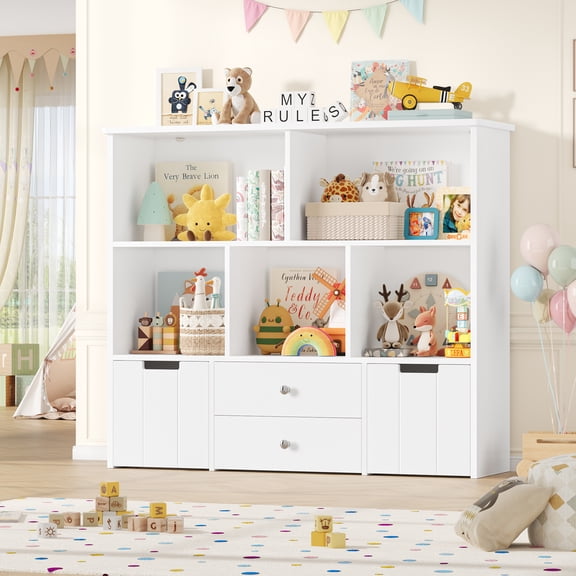 Homfa Kids Toy Storage Organizer, 5 Cubby Children Bookcase and Bookshelf with 4 Drawer on Wheels for Playroom, White