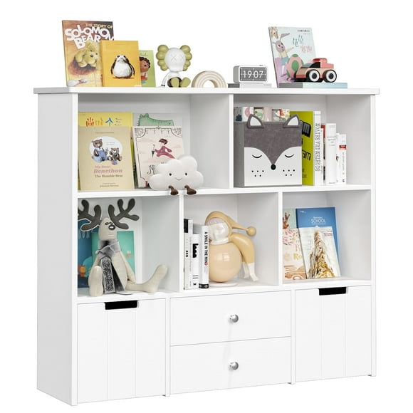Homfa Kids Toy Storage Organizer, 5 Cubby Children Bookcase and Bookshelf with 4 Drawer on Wheels for Playroom Nursery School, White
