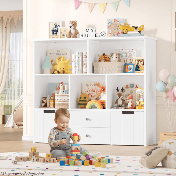 Homfa Kids Toy Storage Organizer, 5 Cubby Children Bookcase and Bookshelf with 4 Drawer on Wheels for Playroom, White