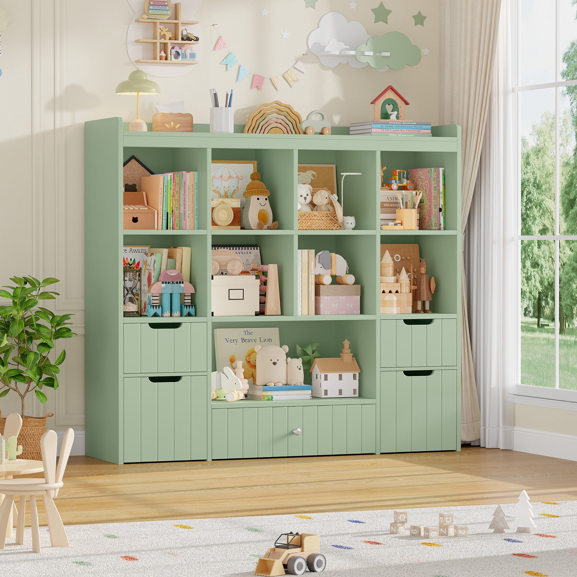 Homfa Kids Toy Storage Organizer with Cubby, Kids Toy Storage Chest with Removable Drawers, Kids Bookcase for Playroom Bedroom Living Room, Green