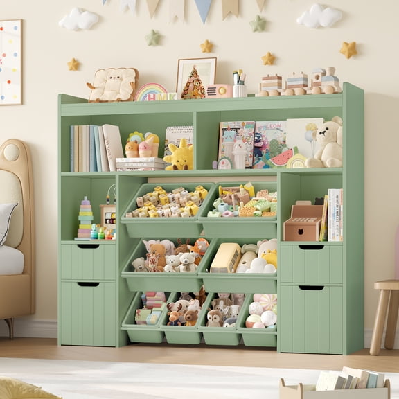 Homfa Kids Toy Storage Organizer with Removable Bin, Kids Bookshelf and Bookcase Toy Box with Drawers for Playroom, Classroom, Green