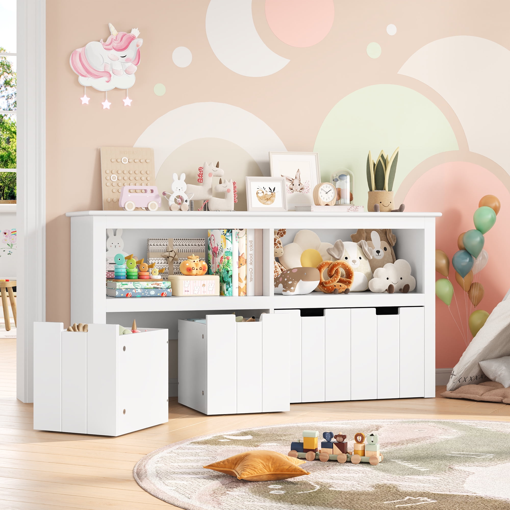 Homfa Kids Toy Storage with 4 Drawers, Cubes Storage Bin with Shelves and Wheels for Kids Living Room, White