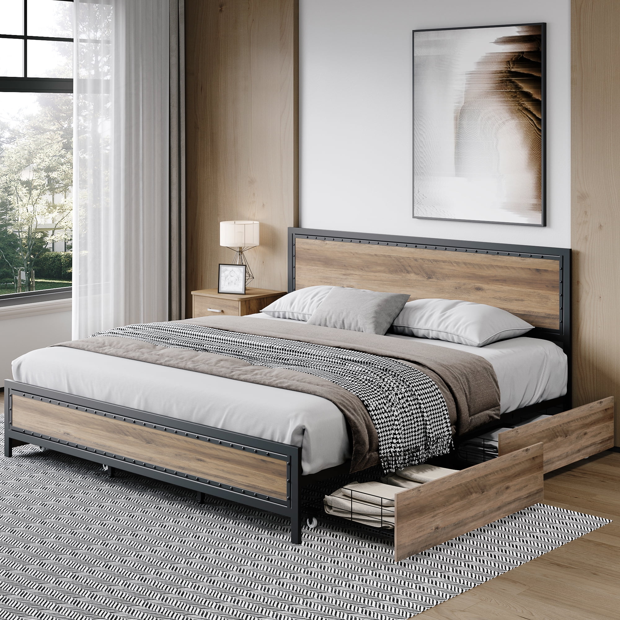 Homfa King 4 Drawer Storage Bed, Heavy Duty Metal Platform Bed Frame