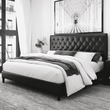 Homfa King Bed Frame, Black Faux Leather Upholstered Button Tufted Low Profile Platform Bed Frame with Adjustable Headboard for Bedroom