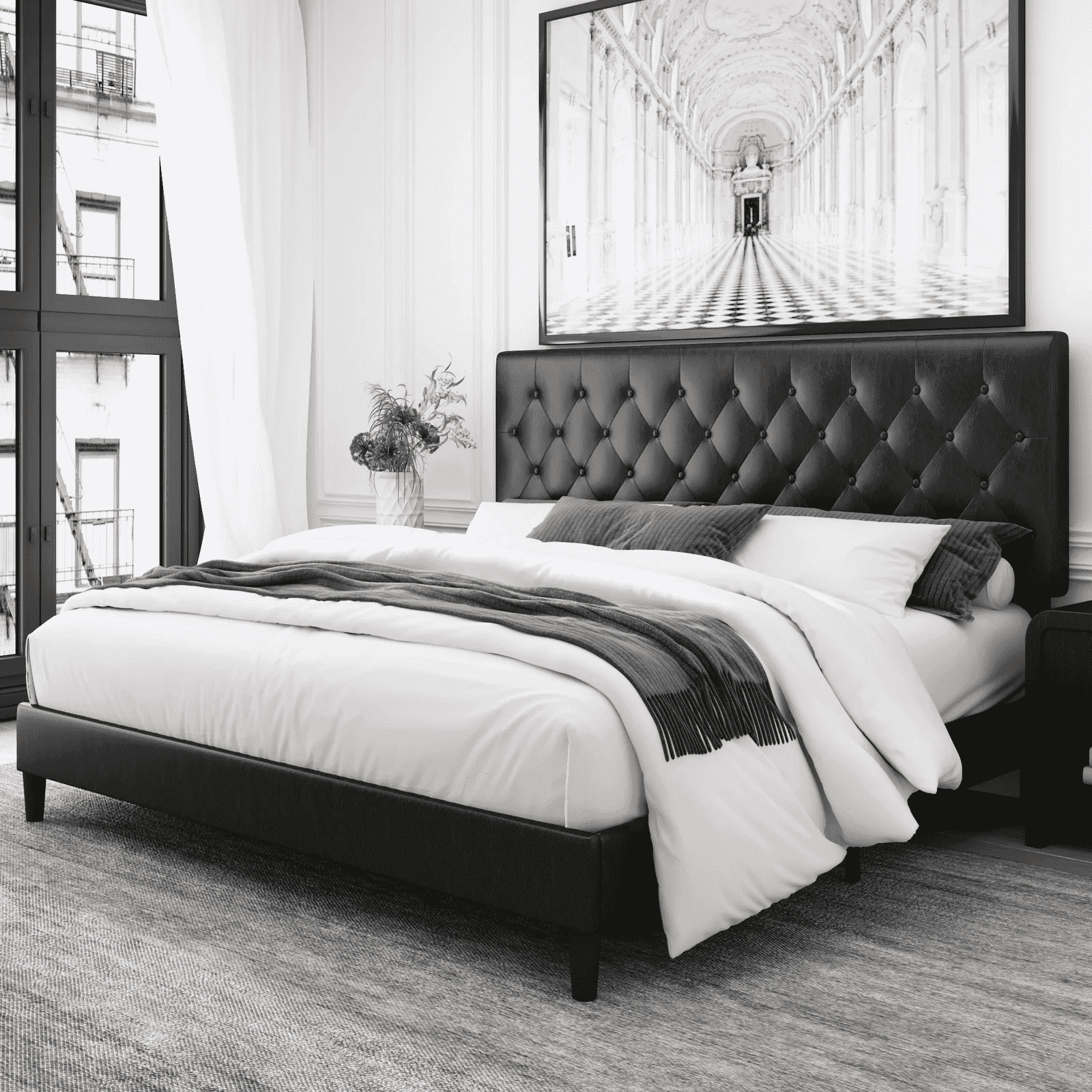 Black leather headboard full discount