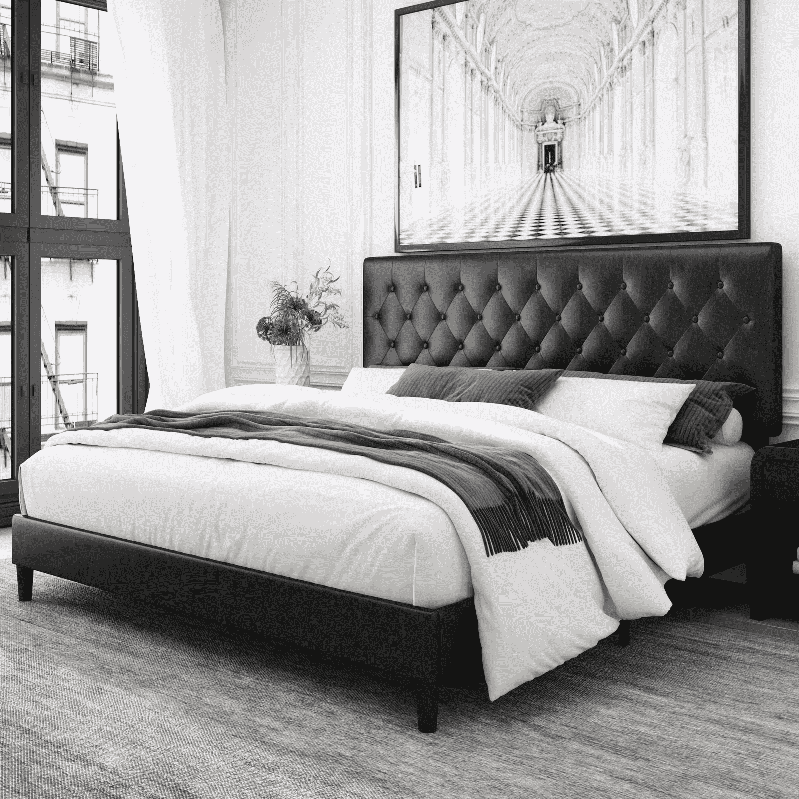Homfa King Bed Frame, Black Faux Leather Upholstered Button Tufted Low Profile Platform Bed Frame with Adjustable Headboard for Bedroom