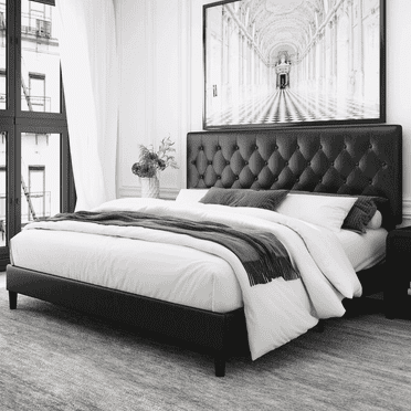 Homfa King Bed Frame, Black Faux Leather Upholstered Button Tufted Low Profile Platform Bed Frame with Adjustable Headboard for Bedroom