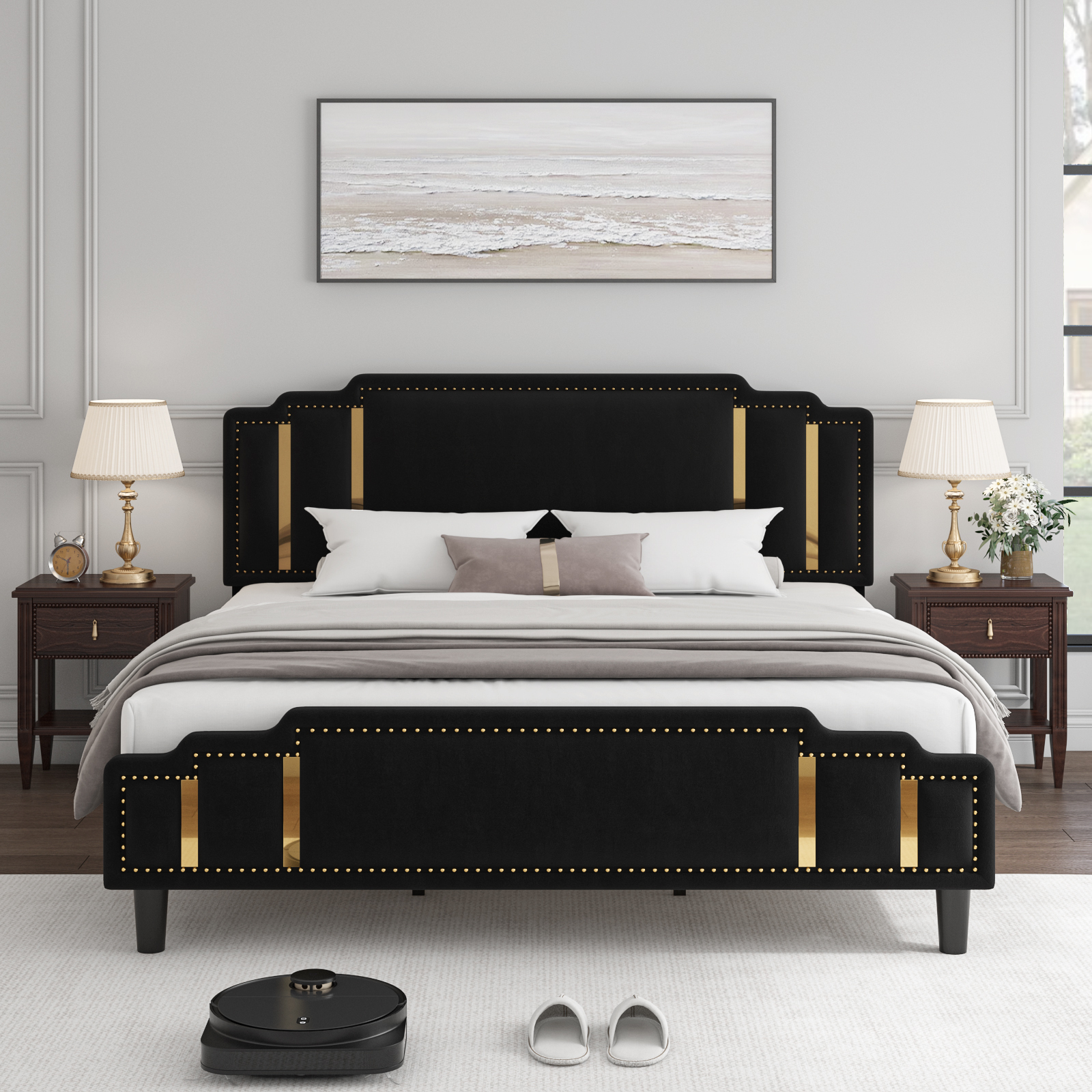 Bliss Black Velvet King Bed (3 Boxes)ColorBlack Velvet,StyleContemporary