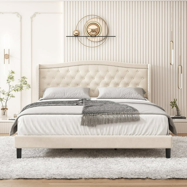 Homfa King Size Platform Bed Frame with Modern Wing-Back Button Tufted ...