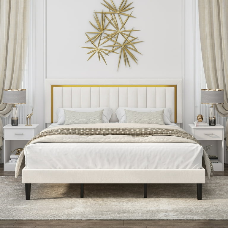 Homfa King Bed Frame, Velvet Tufted Upholstered Platform Bed with  Adjustable Gold Trim Headboard, Beige