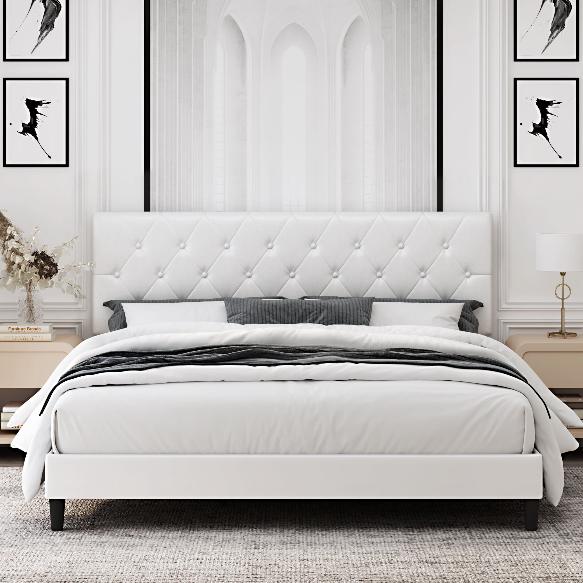 Homfa White Faux Leather Upholstered Button Tufted Platform bed with Adjustable Headboard