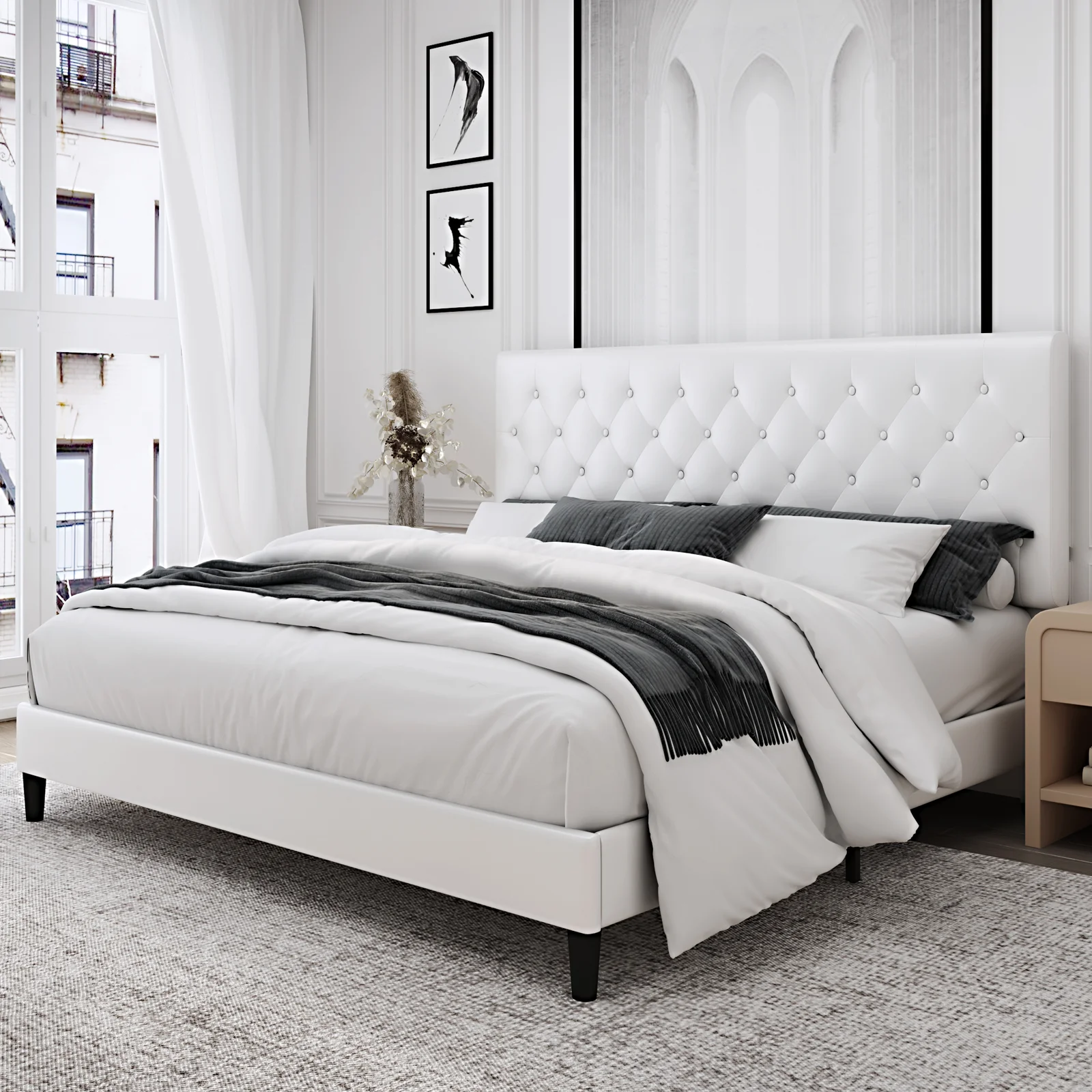 Homfa King Bed Frame, White Faux Leather Upholstered Button Tufted Low Profile Platform Bed Frame with Adjustable Headboard for Bedroom - image 1 of 8